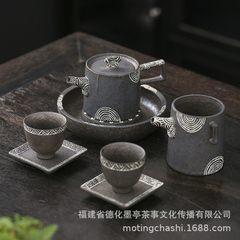 日式复古陶瓷绣釉茶壶鎏银茶具小套一壶二杯粗陶壶承杯垫家用批发