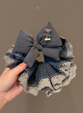 韩系复古灰色格子蝴蝶结蕾丝大肠发圈女超大丸子头低马尾头绳头饰