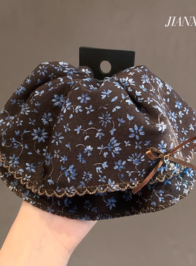 通勤新款可爱复古碎花马尾抓夹文艺小清新盘发夹撞色蝴蝶结鲨鱼夹