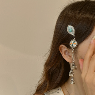 新中式绿松石铃铛流苏发夹女国风复古侧边夹高级感蒙古发饰头饰