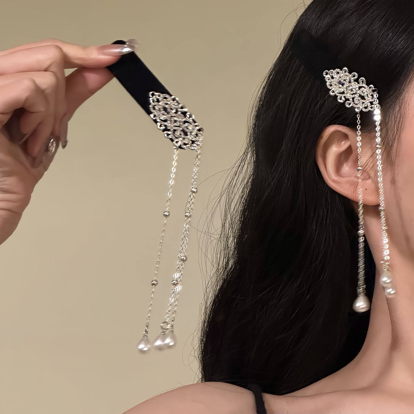 「复古美人」新中式黑色丝绒流苏发夹女古风头饰发卡2026新款发饰,饰品/流行首饰/时尚饰品新,发饰,淘宝优惠券,粉丝福利购,淘宝优惠卷