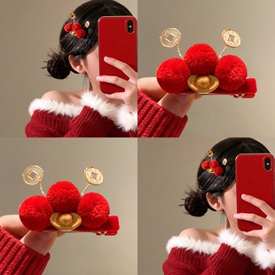 新年可爱招财元宝红色发夹女秋冬喜庆氛围感刘海侧边夹发饰鸭嘴夹