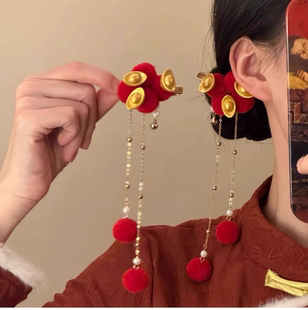 秋冬彩色毛球流苏发夹女新中式古风儿童对夹新年喜庆汉服头饰发饰