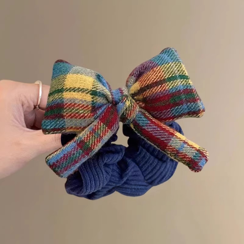 秋冬复古ins彩虹格子蝴蝶结大肠头绳发圈丸子2025马尾发绳新款