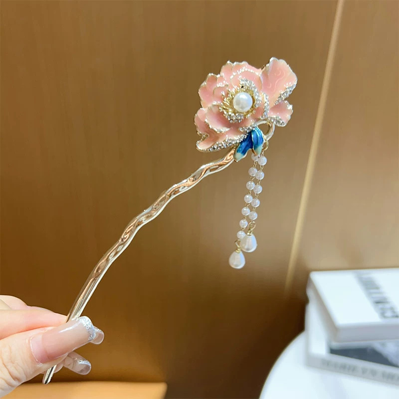 新中式牡丹花发簪女古风步摇盘发簪子中式发钗汉服旗袍配饰