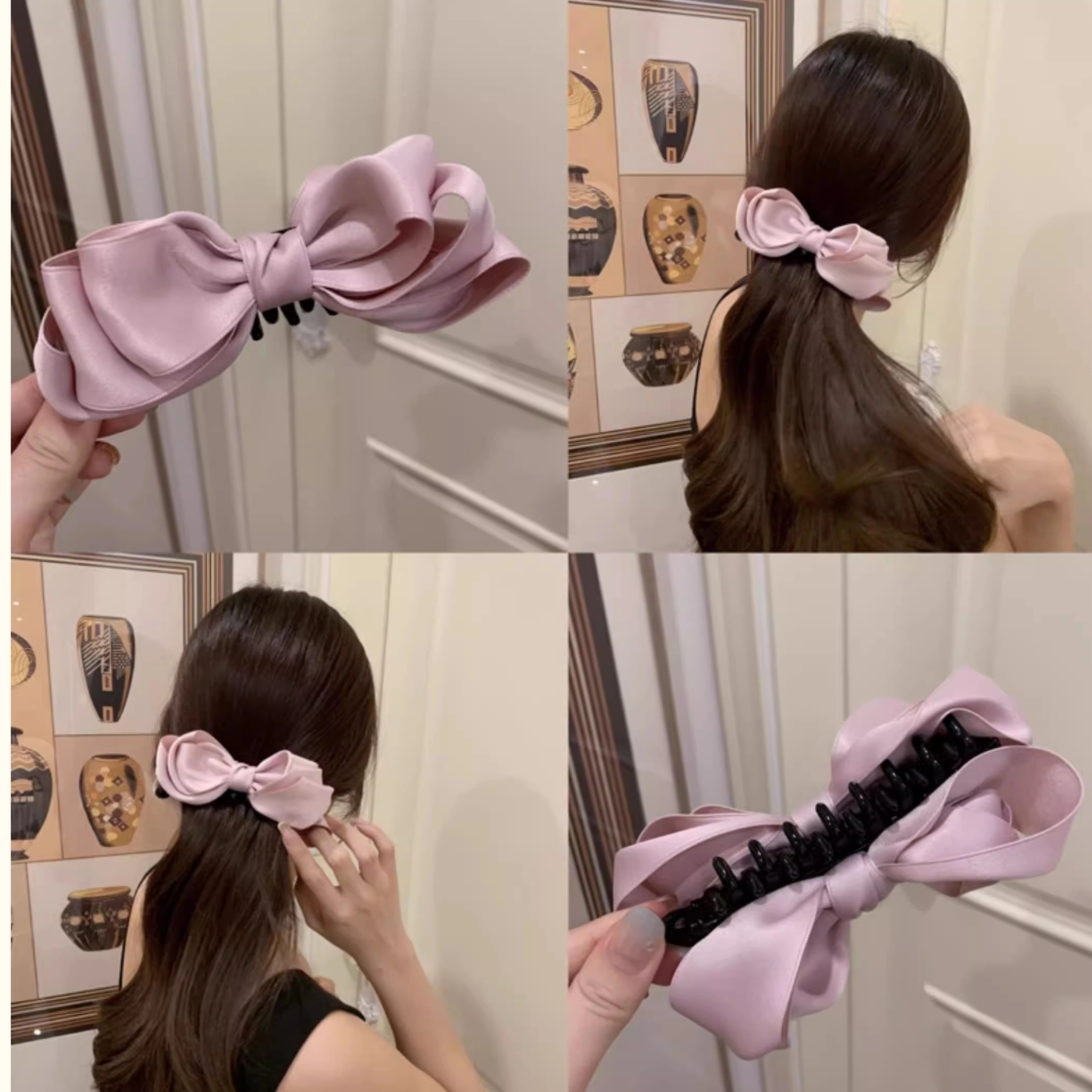 韩国双面粉色立体缎面蝴蝶结香蕉夹芭蕾风后脑勺马尾盘发竖夹头饰