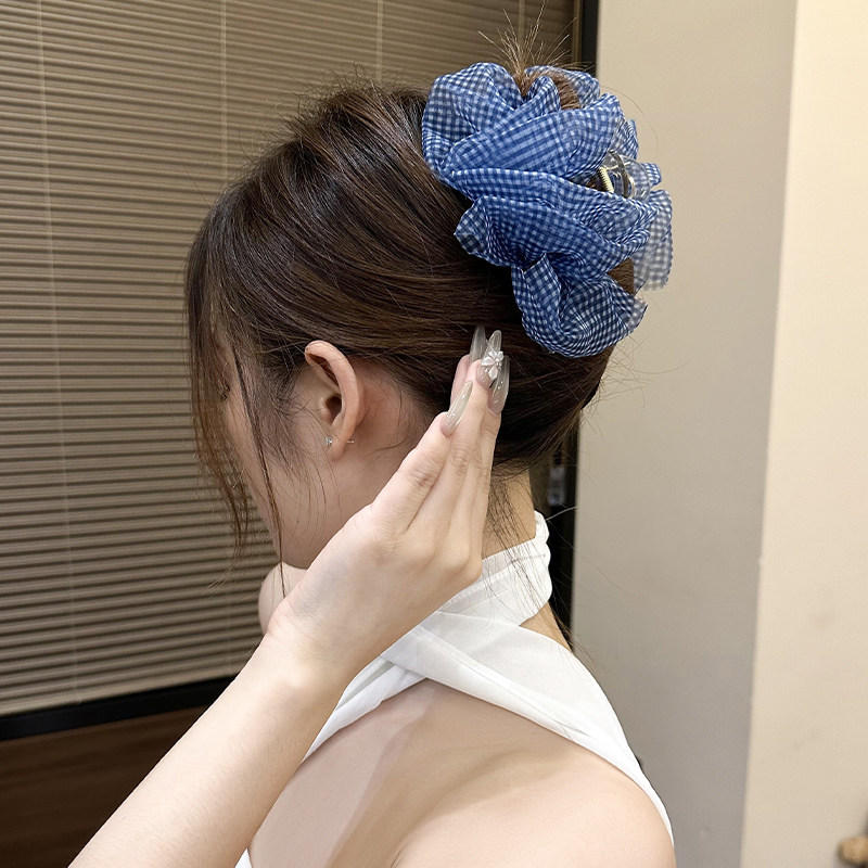 蓝格子泡泡纱抓夹发圈显发量大号鲨鱼夹网纱云朵褶皱发爪大肠圈女,饰品/流行首饰/时尚饰品新,发饰,淘宝优惠券,粉丝福利购,淘宝优惠卷