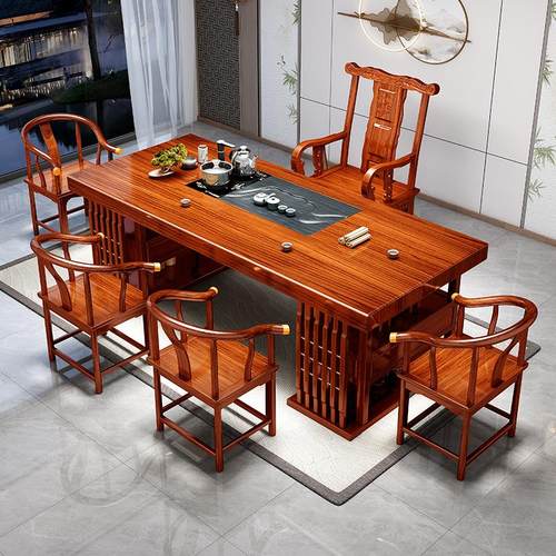 大板茶桌椅组合一桌五椅新中式原木功夫茶台办公室实木茶几喝茶桌
