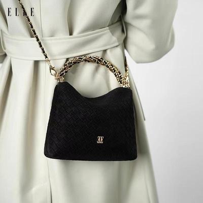 ELLE黑色菱格真皮手提包正品