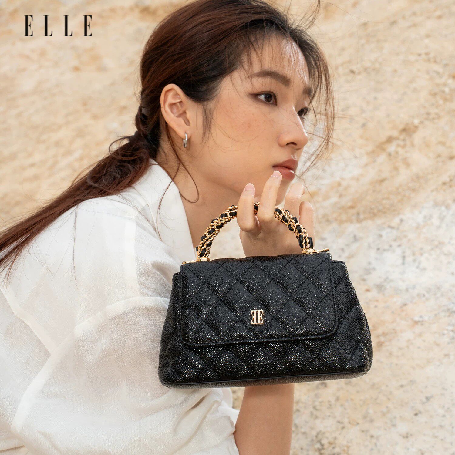 ELLE黑色包包女款2026新款小香风手提包轻奢小众婚包单肩斜挎小包