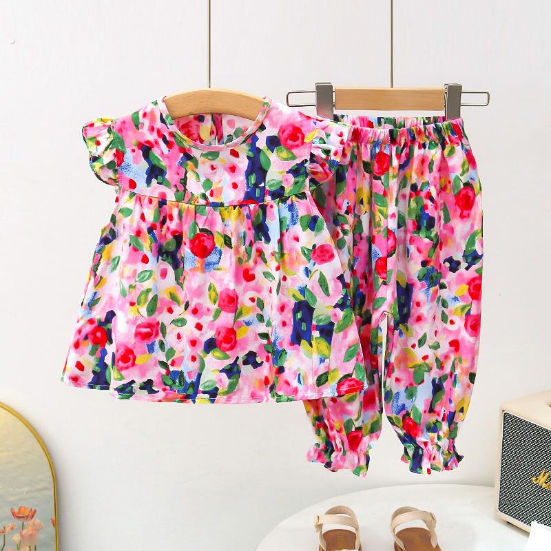 洋气童装女童夏季人造棉睡衣儿童棉绸背心七分裤套装宝宝家居服薄