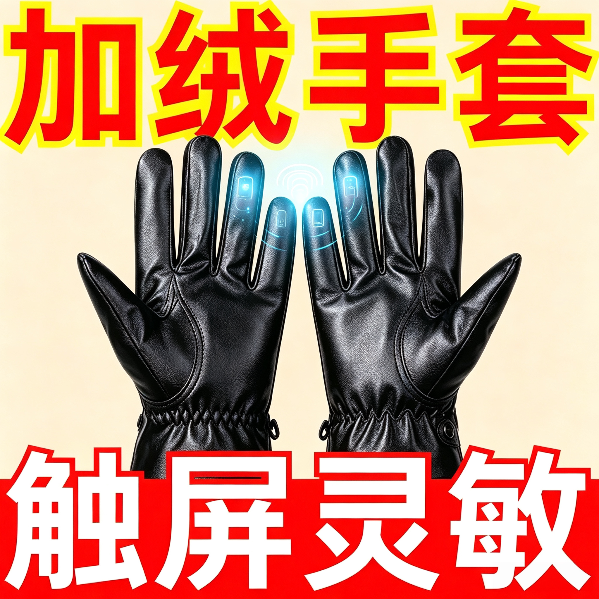 加绒触屏防水防风骑行PU皮手套