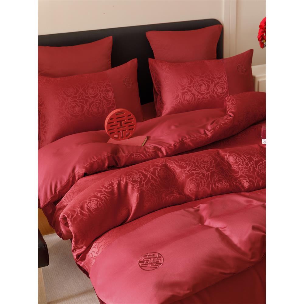 新中式双喜刺绣结婚四件套大红色床单玫瑰提花被套新婚庆床上用品