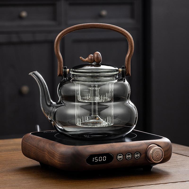 电陶炉煮茶壶北美黑胡桃木实木煮茶器防爆玻璃蒸煮一体泡茶养生壶
