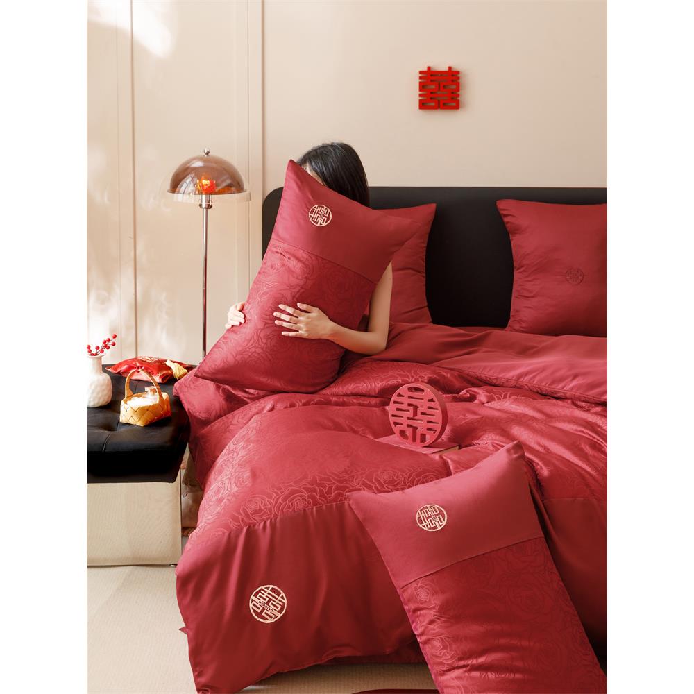 简约双喜刺绣100支婚庆四件套红色喜庆被套纯棉床单结婚床上用品4