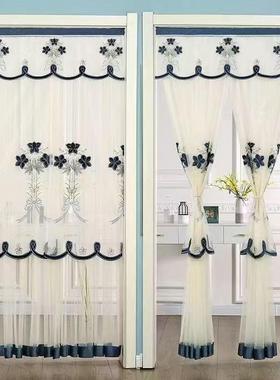 帘伸缩杆门家用免打孔卧室双层纱蕾丝断装41509饰夏防季蚊玄关隔