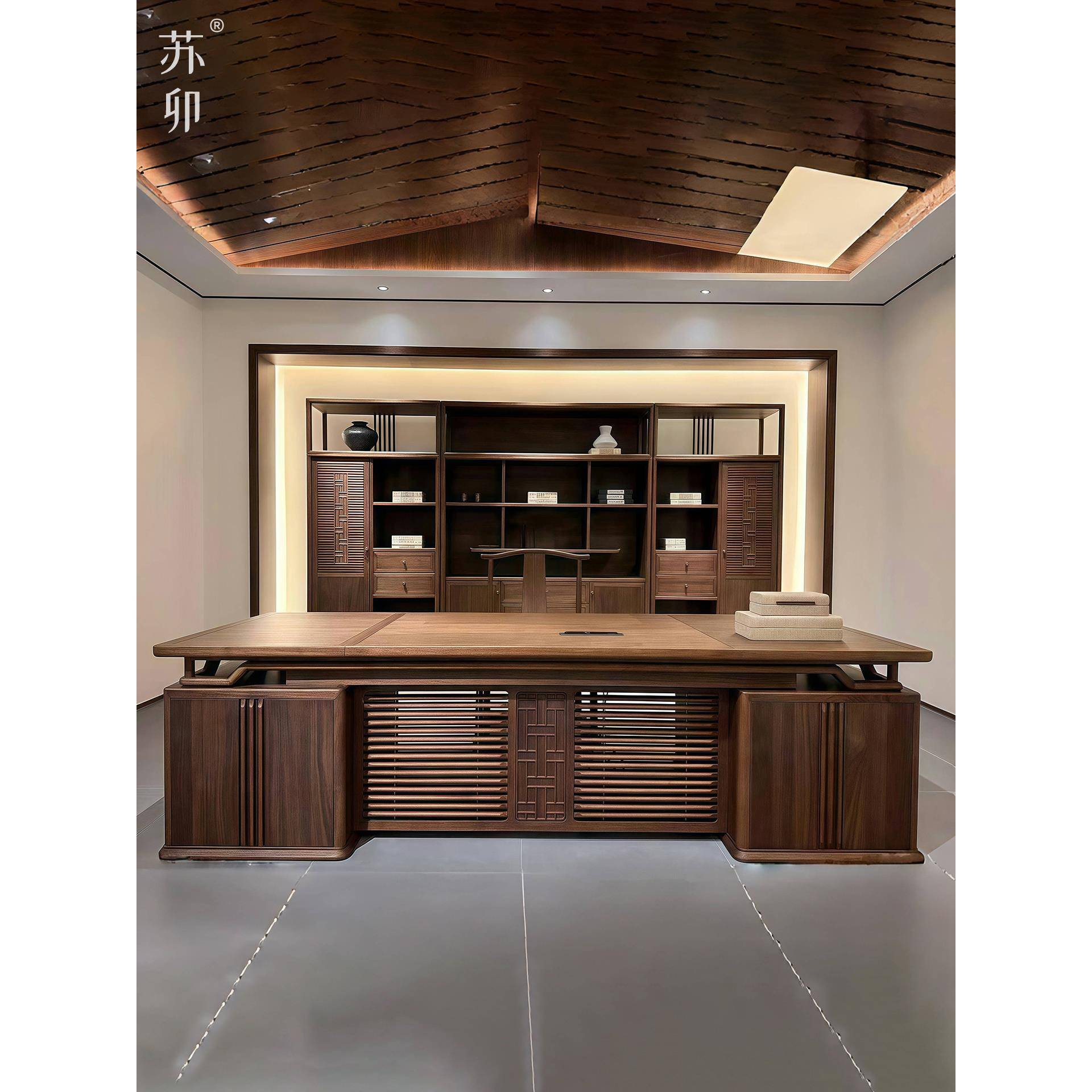 苏卯新中式实木老板桌办公桌黑胡桃木总经理办公室总裁桌大班台