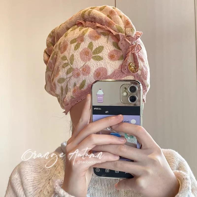 粉色花朵干发帽女超强吸水珊瑚绒蕾丝花边包头巾浴帽洗头干发毛巾