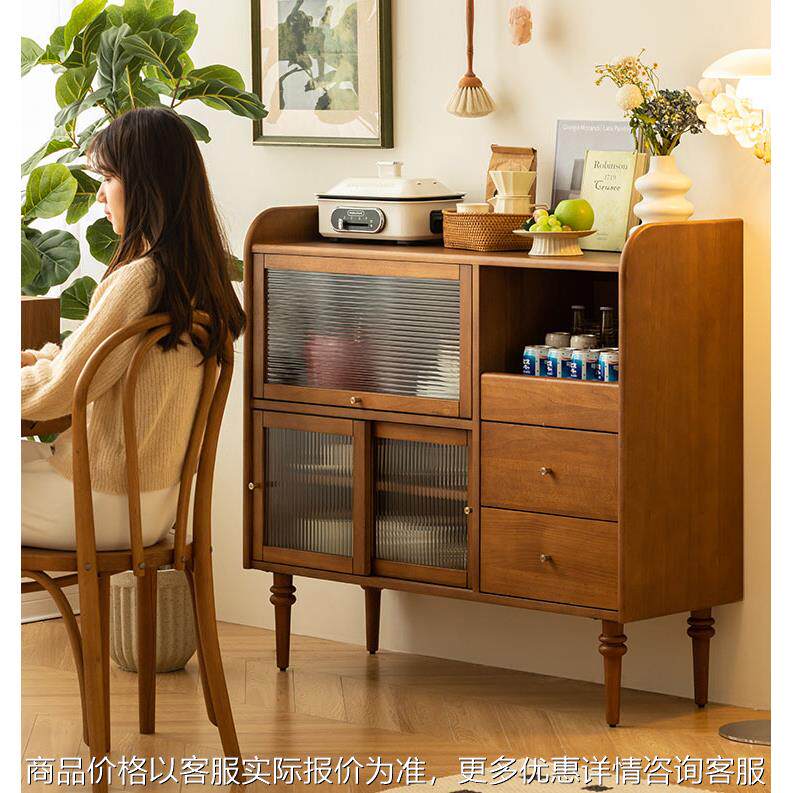 北欧实木餐边柜家用客厅玻璃多功能茶水柜厨房复古碗具收纳储物柜