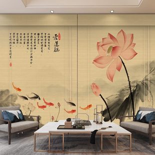 饰隔断帘 荷花竹帘窗帘画卷帘窗帘客厅茶室禅意定制遮光遮阳背景装