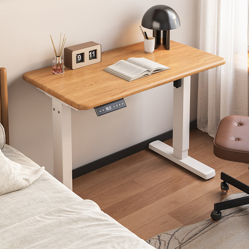 升降电脑桌小户型家用学习书桌实木书桌书架一体课桌电动升降桌