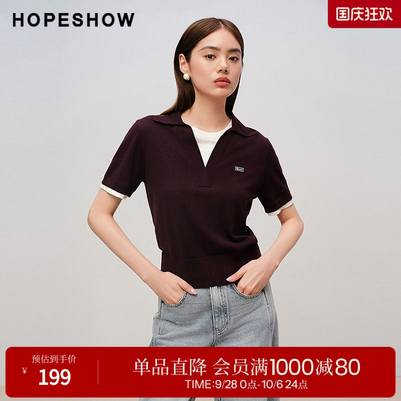 红袖2025秋季新款女装 假两件POLO领字母标正肩短袖短款针织衫