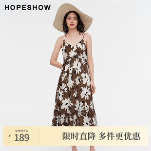 印花收腰挂脖式 红袖 女装 2024新款 V领套头连衣裙89124211640 夏季