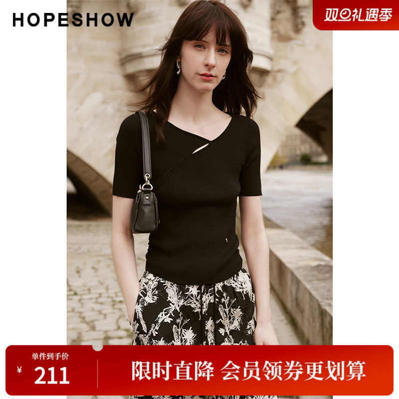 红袖夏季新款女装抽褶不规则领口套头短袖针织衫