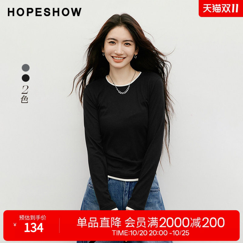 红袖2025秋季新款女装 MIU系假两件撞色拼接正肩长袖圆领套头上衣