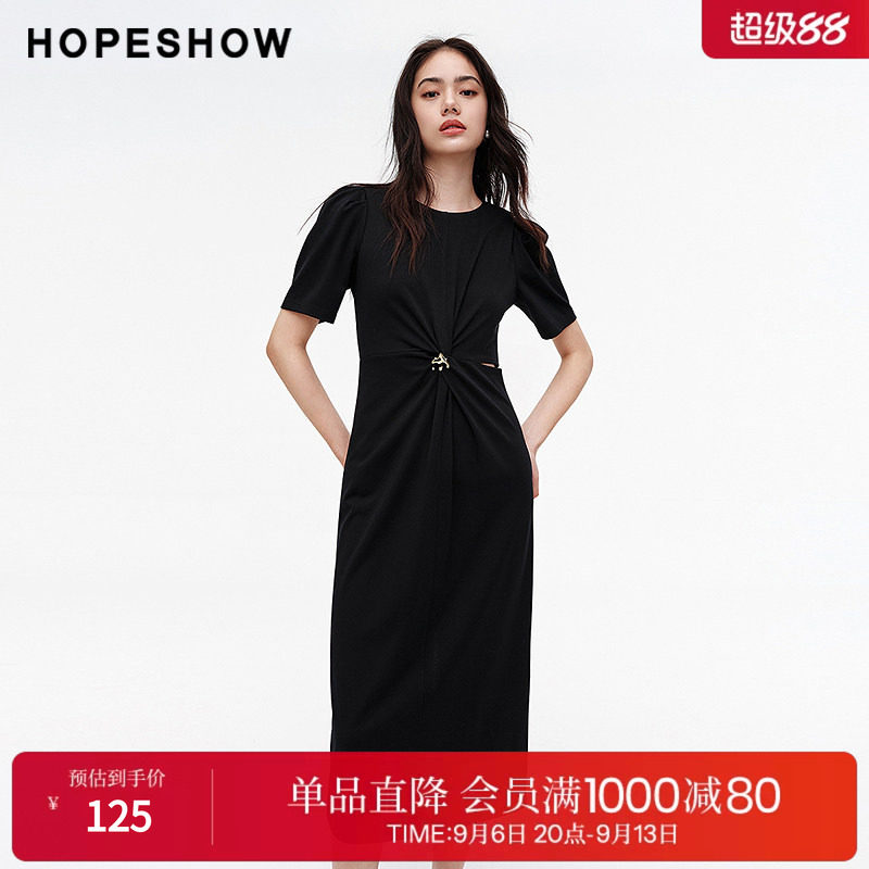 红袖2024夏季新款女装立体扭结侧镂空收腰后开叉圆领套头连衣裙