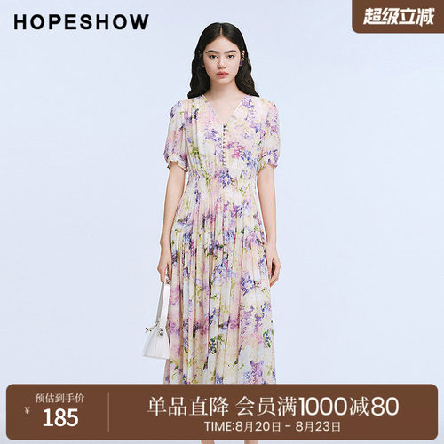 红袖2025夏季新款女装 花卉印花松紧打揽泡泡袖V领中长连衣裙