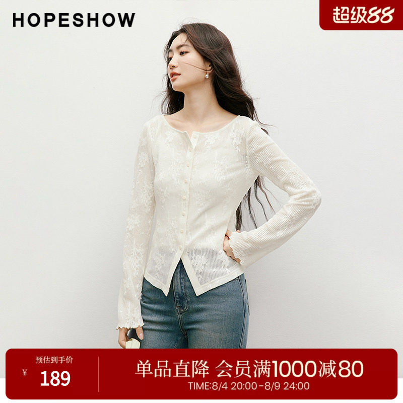 红袖2025秋季新款女装 蕾丝绣花木耳边开叉正肩长袖圆领套头上衣