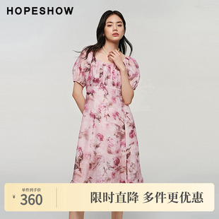 女装 新款 玫瑰印花侧拉高腰方领连衣裙 秋季 红袖