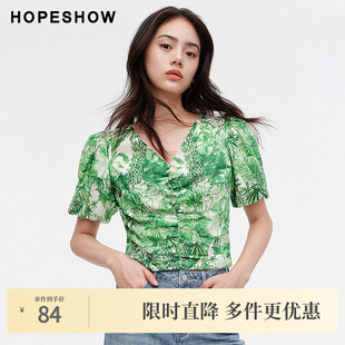 印花泡泡袖 红袖 女装 新款 抽褶V领套头上衣 2024夏季