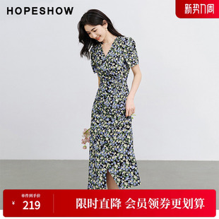 女装 新款 印花收腰侧拉V领套头连衣裙 2024夏季 红袖