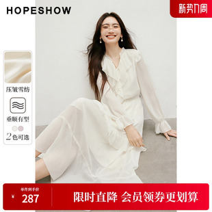 女装 新款 波西米亚风收腰木耳边领雪纺连衣裙 2025春季 红袖