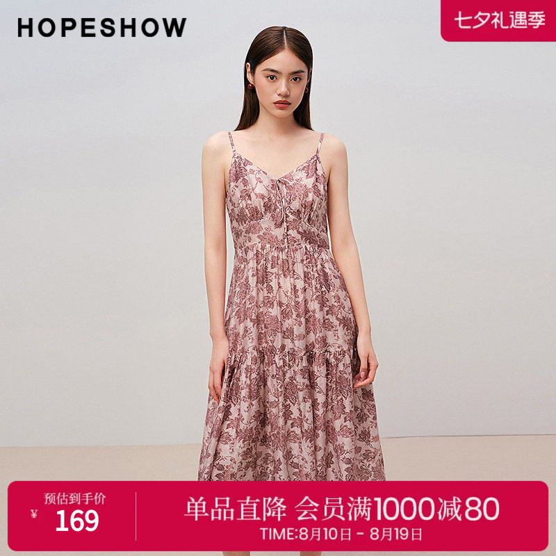 红袖2025秋季新款女装 花卉印花系带打揽浅V领中长吊带连衣裙