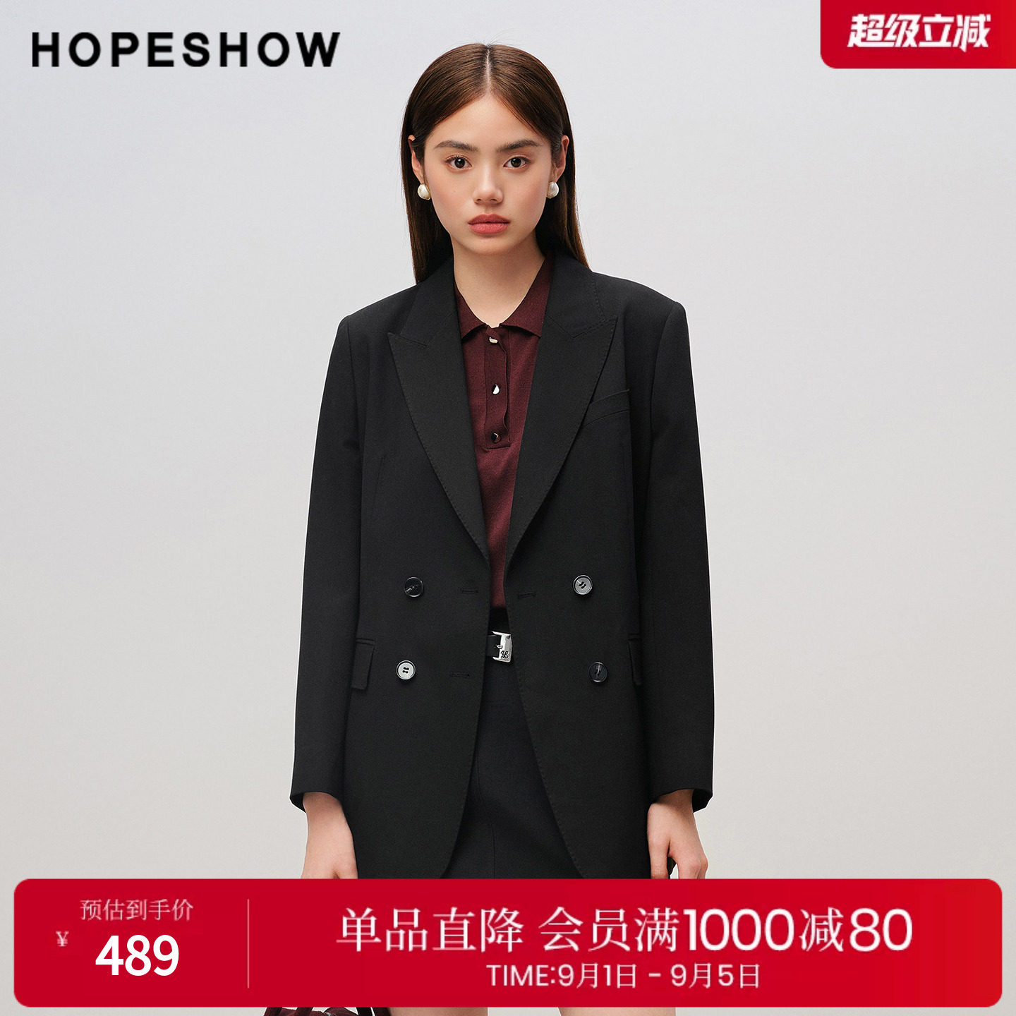 红袖2025秋季新款女装 黑色双排扣正肩长袖戗驳领一手长西装外套图片