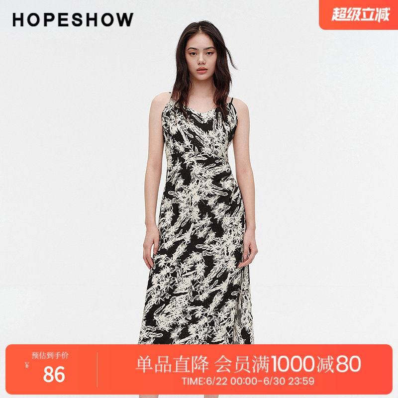 红袖夏季2024新款女装 印花开叉V领套头吊带连衣裙89124131603