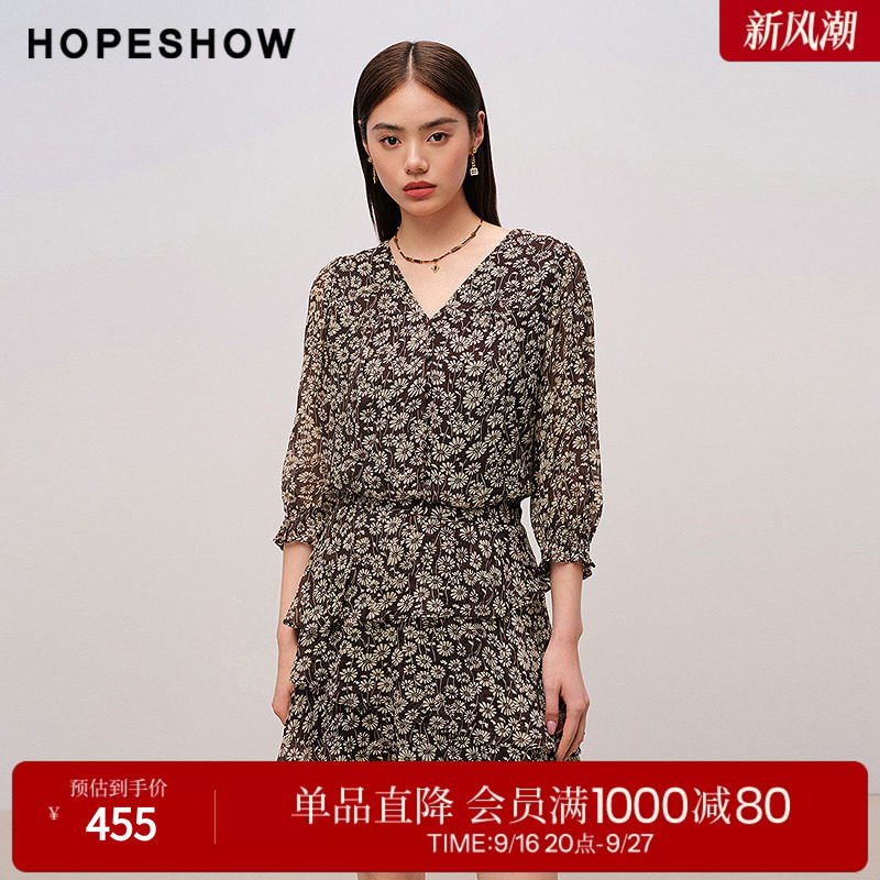 红袖2025秋季新款女装 花卉印花不对称荷叶边拼接中袖V领连衣裙