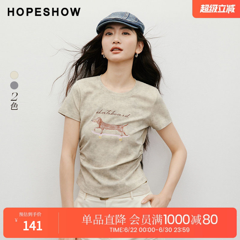 红袖2025秋季新款女装  晕染腊肠狗小象字母印花抽皱圆领短袖T恤
