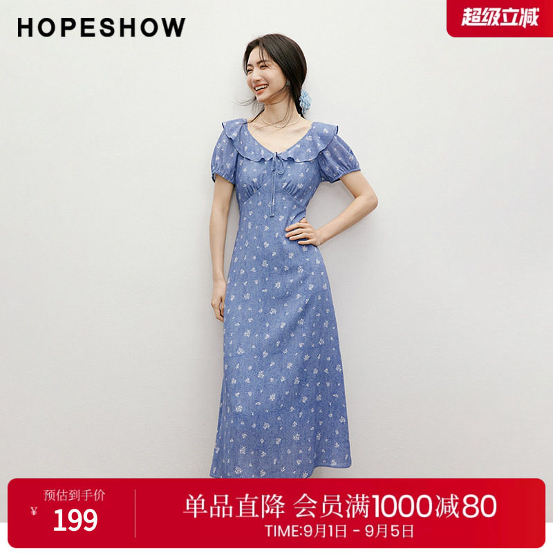 红袖2025夏季新款女装 正肩泡泡袖收腰V领套头仿牛仔碎花连衣裙图片