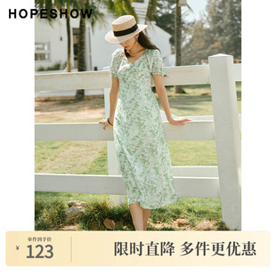 泡泡袖 红袖 女装 新款 收腰V领套头印花裙 2024夏季