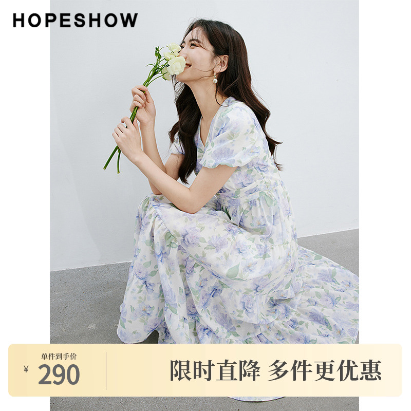 红袖2024夏季新款女装印花泡泡袖收腰V领套头连衣裙