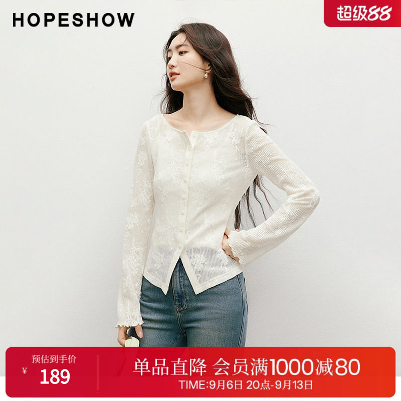 红袖2025秋季新款女装 蕾丝绣花木耳边开叉正肩长袖圆领套头上衣