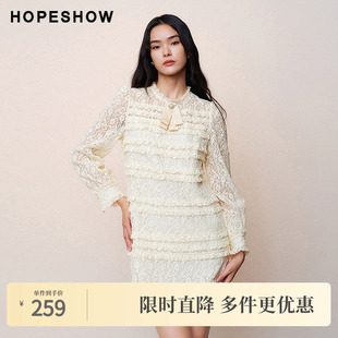 女装 新款 甜美感正肩木耳边拼接圆领套头连衣裙 春季 红袖