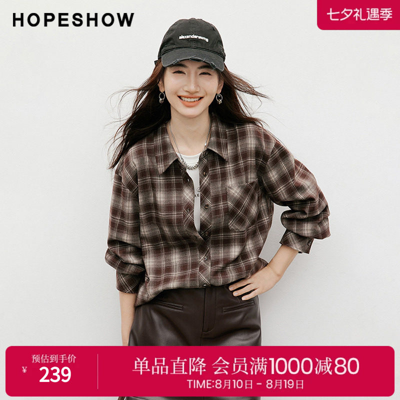 红袖2025冬季新款女装 撞色格纹不对称单排扣落肩翻领衬衫