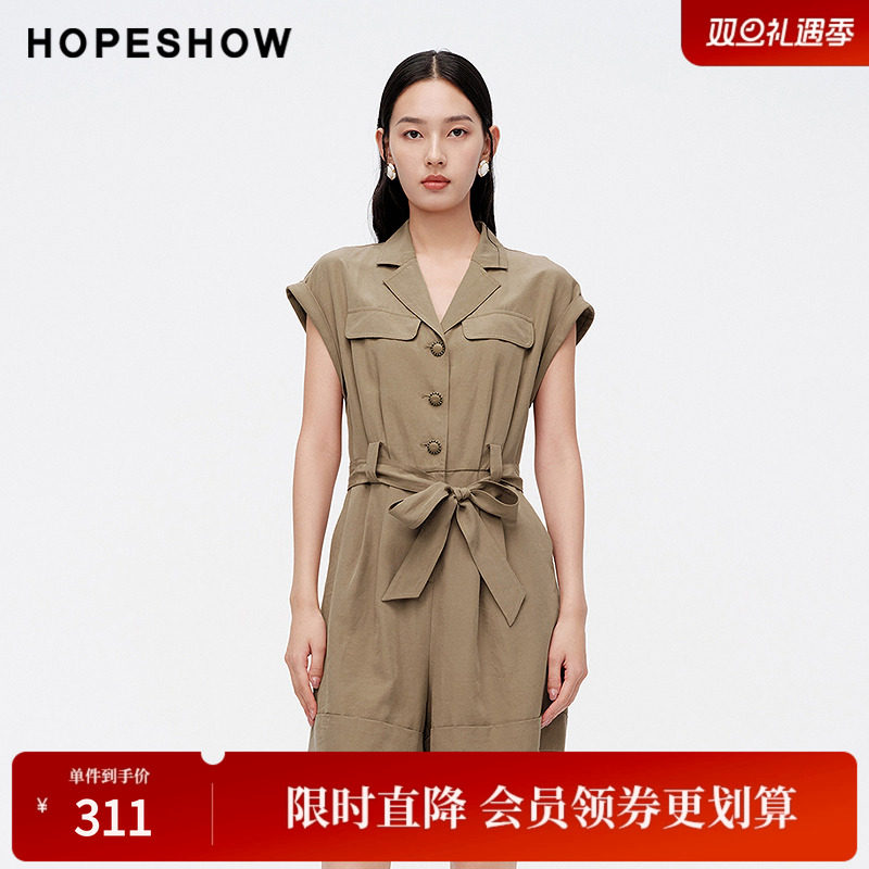 红袖夏季2024新款女装 工装系带收腰翻领套头连体裤89224171402