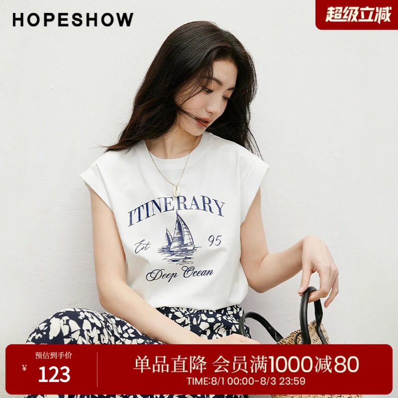 红袖2025夏季新款女装 帆船主题印花H型小飞袖圆领套头T恤