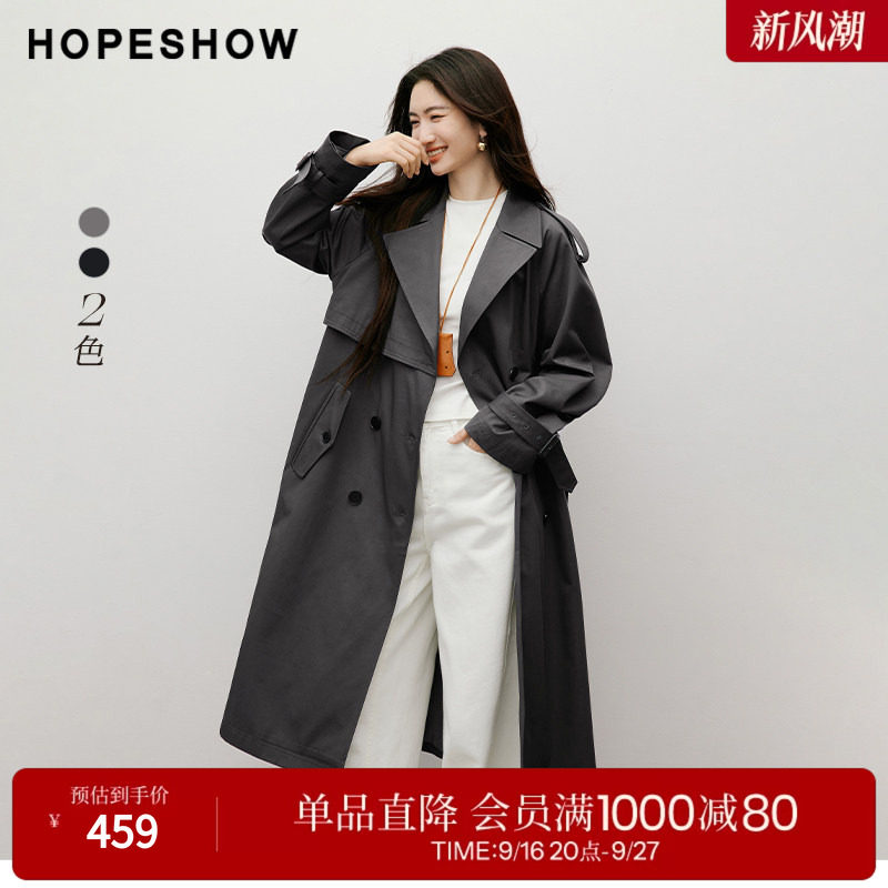 红袖2025秋季新款女装 系带双排扣插肩袖翻驳领中长风衣外套										